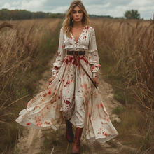 Load image into Gallery viewer, Women's Retro V-neck Linen Pastoral Halloween Style Long-sleeve Maxi Long Dress