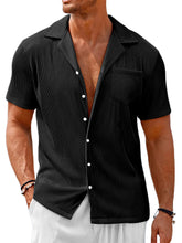 Load image into Gallery viewer, Men's Cuban Collar Pocket Solid Color Vertical Striped Pocket Short-sleeved Shirt