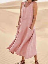 Load image into Gallery viewer, Women Sleeveless Sundress Elegant Round Neck Cotton Linen Solid Long Tank Casual Summer Dress
