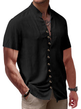 Load image into Gallery viewer, Men's Summer Retro Solid Color Stand Collar Button-Down Short Sleeve Shirt