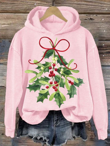 Women's Christmas Holly Print Hooded Sweatshirt