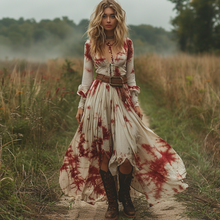 Load image into Gallery viewer, Women's Retro V-neck Linen Pastoral Halloween Style Long-sleeve Maxi Long Dress