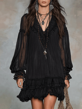 Load image into Gallery viewer, Bohemian Black Chiffon Dress With Soft Ruffle Trim