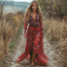Load image into Gallery viewer, Women's Vintage V-neck Floral Bohemian Pastoral Style Long-sleeved Maxi Long Dress