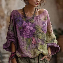 Load image into Gallery viewer, Vintage Purple Flowers Art Gradient Linen Shirt