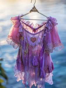 Summer Vacation Ruffle Lace Contrast Color Top 51a3