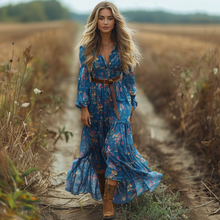 Load image into Gallery viewer, Women's Retro V-neck Floral Long-sleeve Bohemian Pastoral Style Maxi Long Dress
