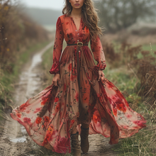 Load image into Gallery viewer, Women's Retro V-neck Floral Long-sleeve Bohemian Pastoral Style Maxi Long Dress