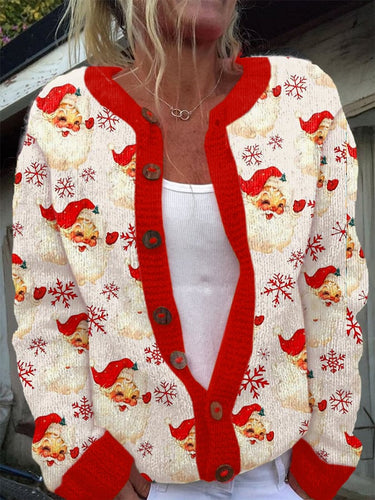 Women's Red Santa Print Sweater Cardigan