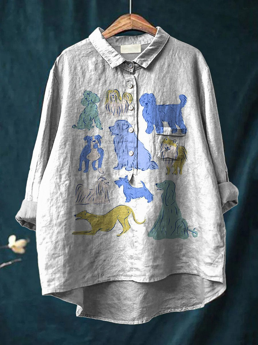 Lovely Puppy Dog Art Printed Women's Casual Cotton And Linen Shirt