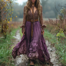 Load image into Gallery viewer, Women's Retro V-neck Country Pastoral Linen Style Long-sleeve Casual Maxi Long Dress