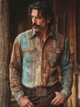 Load image into Gallery viewer, Western Vintage Print Men's Linen Long Sleeve Shirt