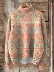 Spring Color Ethnic Style Pattern Printed Knit Turtleneck Pullover Sweater