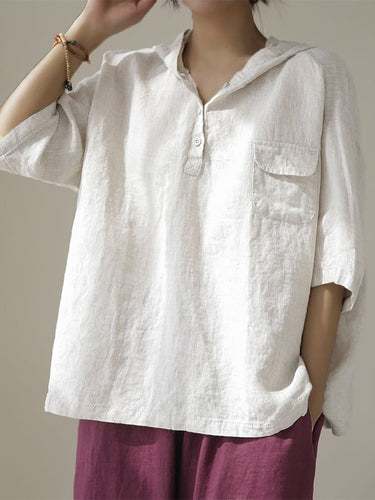 Women's Cotton Vintage Pocket 3/4 Sleeve Loose Solid Color Hooded Shirt