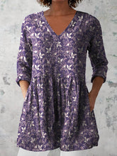 Load image into Gallery viewer, Women's Retro Floral Art Print Casual Cotton And Linen V-neck Top