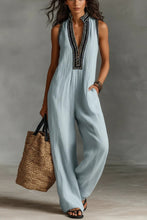 Load image into Gallery viewer, Linen blend sleeveless jumpsuit with zipper and embroidered stand-up collar