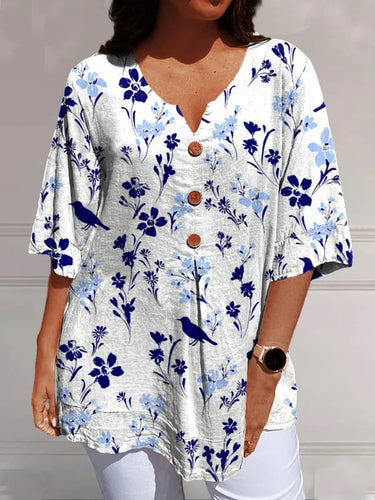 Women's Floral Pattern Print Casual V-neck Shirt