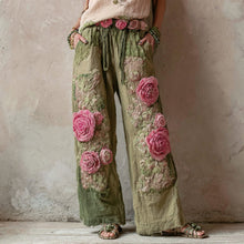 Load image into Gallery viewer, Vintage Floral Embroidered Art Print Straight Leg Linen Blend Pants