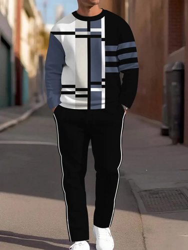 Men's Simple Colorblock Round Neck Casual Sports Set 0138