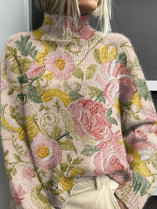 Women's Lovely Floral Art Print Knit Turtleneck Pullover Sweater