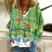 Load image into Gallery viewer, Vintage Floral Print V-Neck Long Sleeved Knitted Cardigan