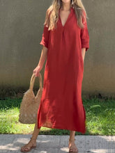 Load image into Gallery viewer, Women's Solid Color V-Neck Linen Pocket Dress