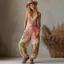 Load image into Gallery viewer, Love &amp; Health Collection Retro Western Women Style Vintage Rose And Floral Patchwork Art Cotton Linen Jumpsuit