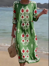 Load image into Gallery viewer, Women's Casual  Round Neck Mid Sleeve Print Cotton and Linen Dress