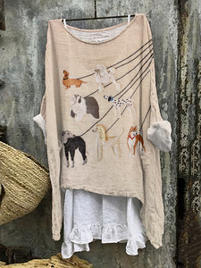 Embroidered Dog Art Print Crew Neck Loose Linen Blend Blouse