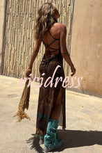 Load image into Gallery viewer, Gypsy Style Unique Print Cowl Neck Back Lace-up Slit Midi Dress