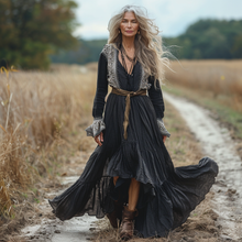 Load image into Gallery viewer, Women's Vintage Pastoral Style V-neck Linen Long-sleeve Maxi Long Dress