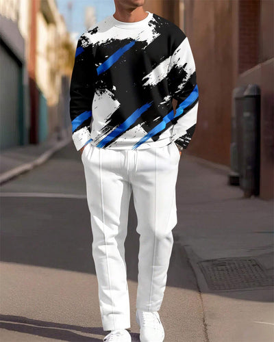 Men's Simple Colorblock Round Neck Casual Sports Set 0189