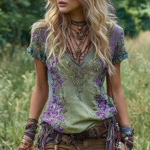 Load image into Gallery viewer, Vintage Flower Embroidery Linen V-neck Short Sleeve T-shirt