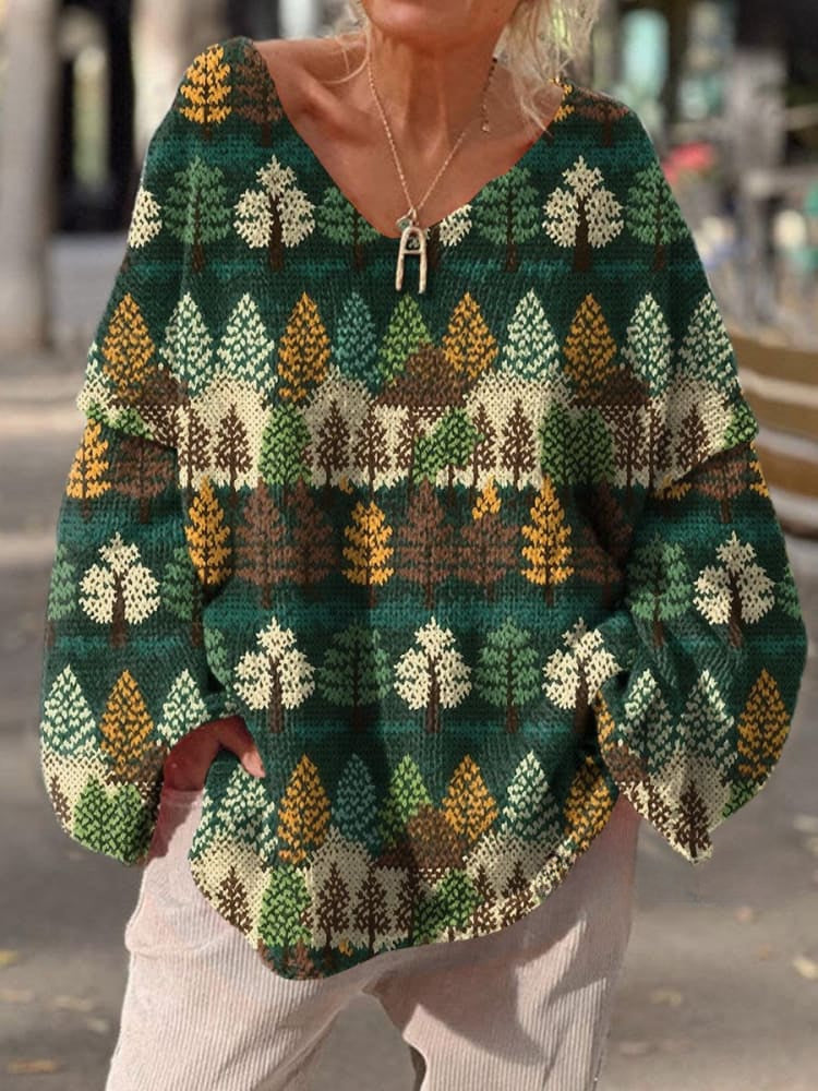 Women's Vintage Christmas Tree Pattern Christmas Gift Art Print Casual Pullover Tops