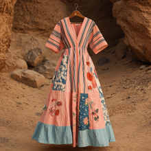 Load image into Gallery viewer, Women's Retro Striped Floral Stitching Cotton And Linen Short Sleeve Dress 2fec