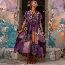 Load image into Gallery viewer, Women's Patchwork Floral Print V-neck Short-sleeved Bohemian Midi Dress