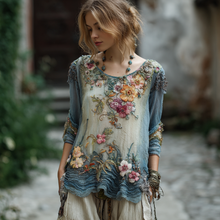Load image into Gallery viewer, Women's Vintage Floral Wave Embroidery Pattern Crew Neck Shirt
