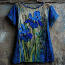 Load image into Gallery viewer, Vintage Irises Embroidered Contrast Linen Tunic