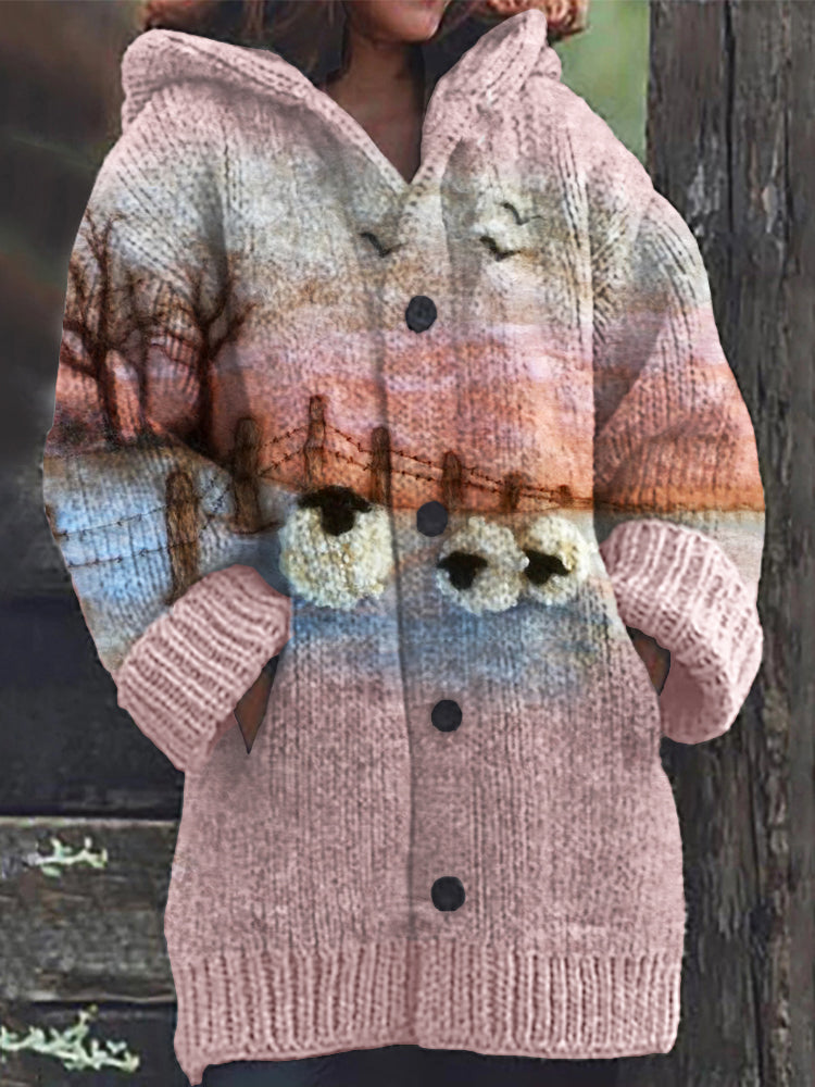 Farm Sheep Sunset Landscape Felt Art Cozy Hooded Cardigan