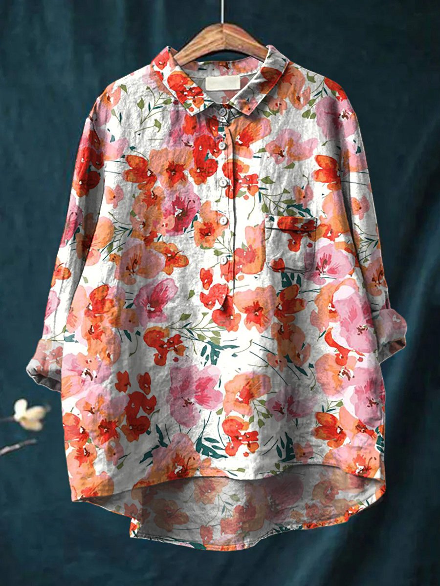 Watercolor Poppy Pattern Printed Women's Casual Cotton And Linen Shirt