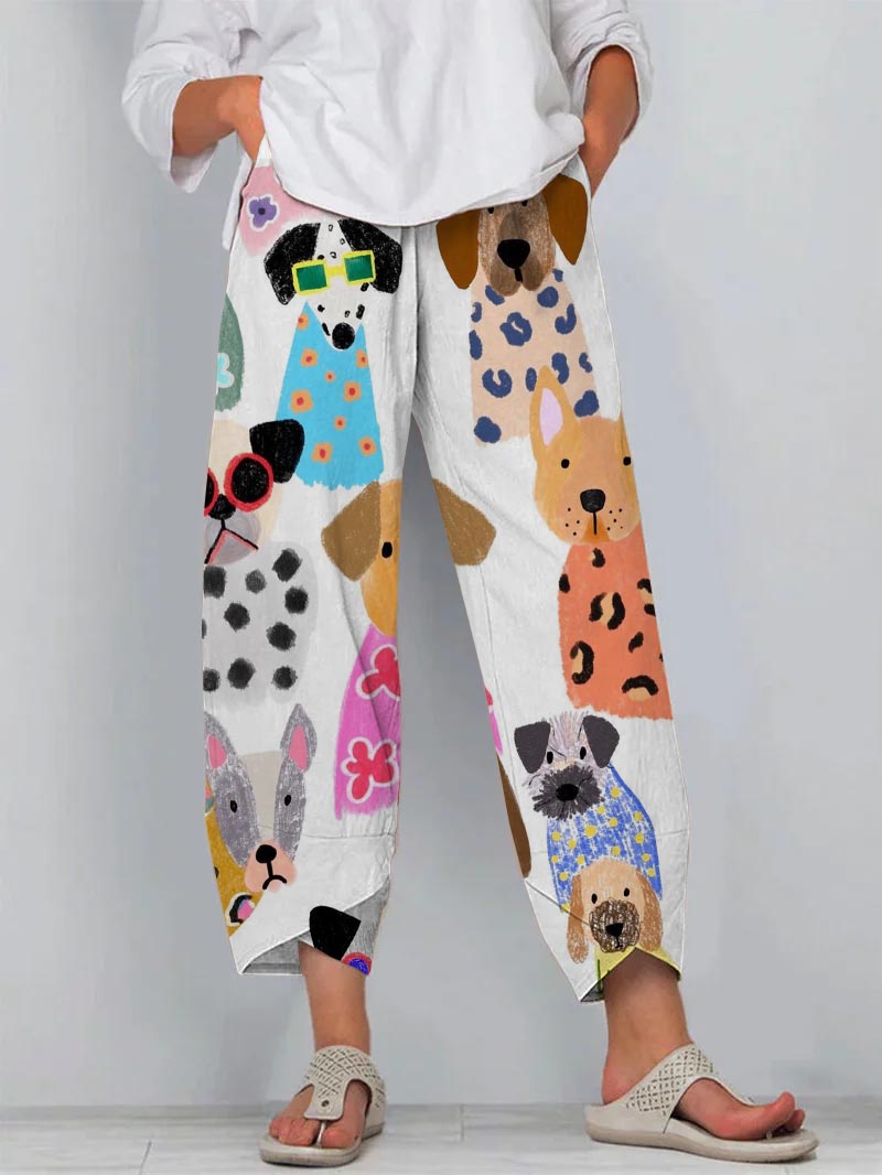 Colorful and Fun Cartoon Puppy Print Cropped Pants