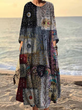 Load image into Gallery viewer, Vintage Stitching Geometric Pattern Women's Linen Maxi Dress