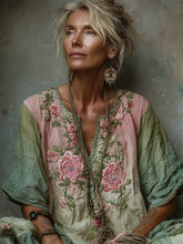 Load image into Gallery viewer, Vintage Pink Roses Embroidered Gradient Linen Shirt