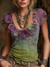 Load image into Gallery viewer, Vintage Western Boho Collection Purple Floral Embroidered Linen Short Sleeve T-shirt