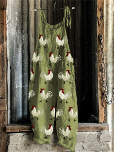 Roosters Embroidery Pattern Loose Fit Jumpsuit