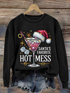 Women's Christmas Santa's Favorite Hot Mess Printed Crew Neck Sweatshirt