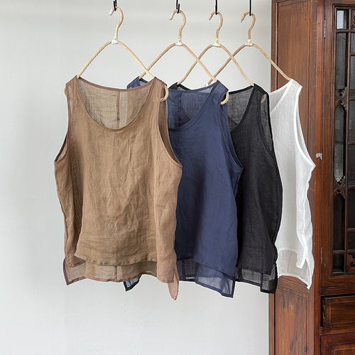 Multi Color Cotton Linen Versatile Tank Top With Sleeveless Bottom