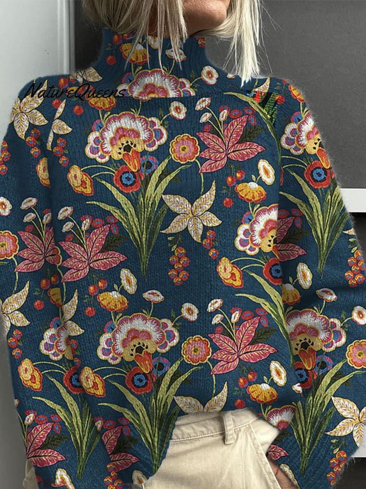 Eden Vintage Floral Print Knit Turtleneck Pullover Sweater