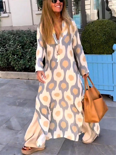 Long Sleeves Loose Printed V-Neck Maxi Dresses