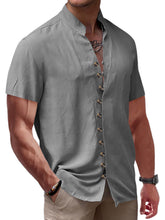 Load image into Gallery viewer, Men's Summer Retro Solid Color Stand Collar Button-Down Short Sleeve Shirt